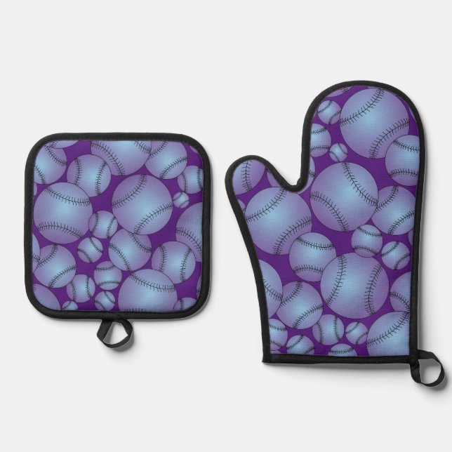 Colourful Baseballs Pattern Purple Oven Mitt & Pot Holder Set (Front)