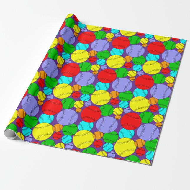 Colourful Baseballs Pattern Wrapping Paper (Unrolled)