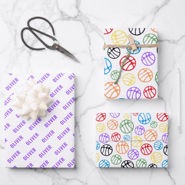 Colourful Basketball Ball Pattern Sport Name Wrapping Paper Sheet (Front)