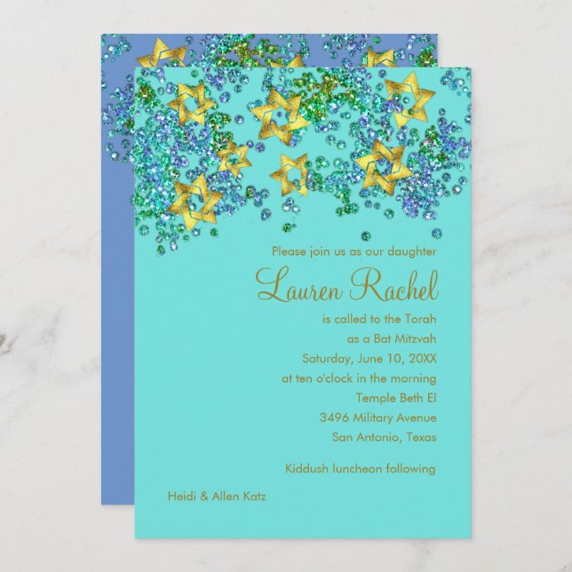 Colourful Bat Mitzvah Gold Star Glittery Confetti Invitation (Front/Back)
