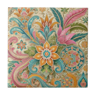Colourful Batik Boho Botanical Watercolor Tile