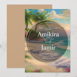 Colourful Beach Background Glitter Gold Wedding Invitation