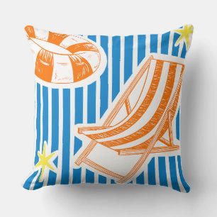 Colourful Beach Bold Orange Blue Stripes Throw Pillow