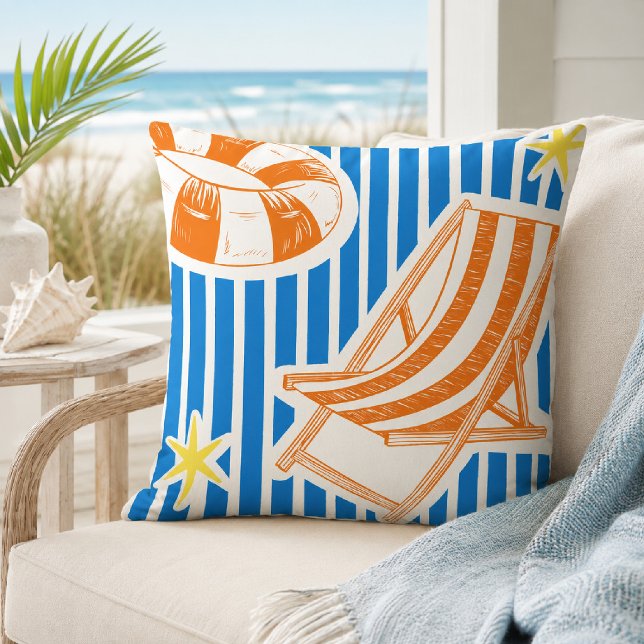Colourful Beach Bold Orange Blue Stripes Throw Pillow (Creator Uploaded)
