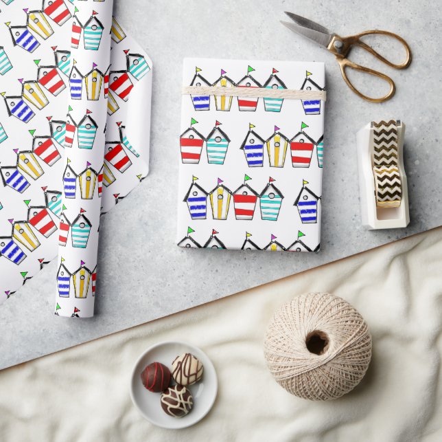 Colourful Beach Hut Illustration Wrapping Paper (Crafts)