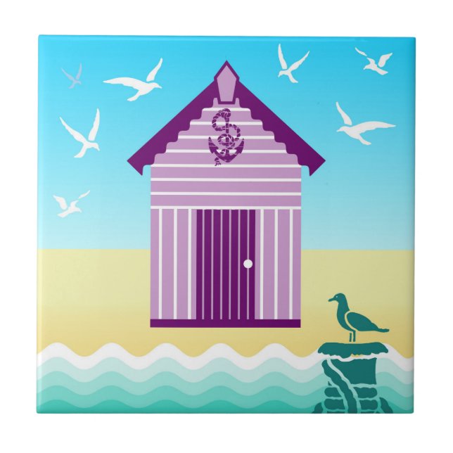 Colourful Beach Hut with Anchor & Rope Motif Tile (Front)