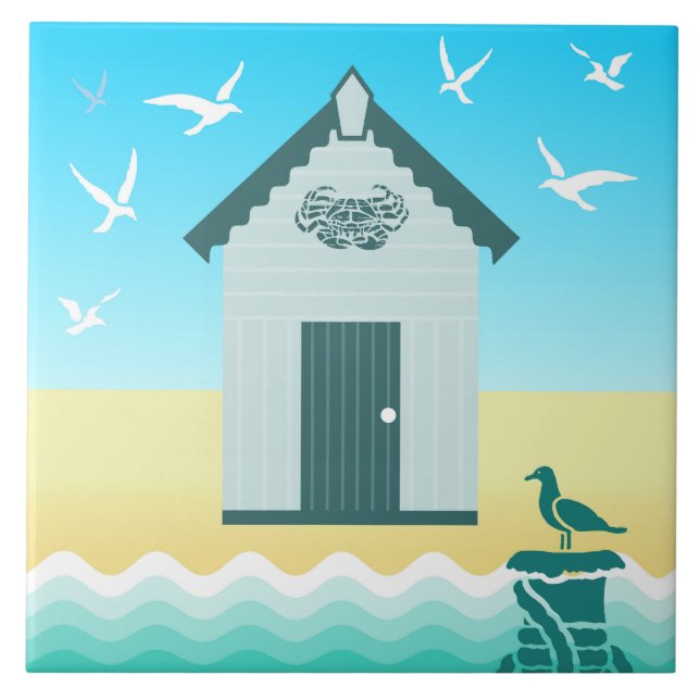 Colourful Beach Hut with Crab Motif Tile (Front)