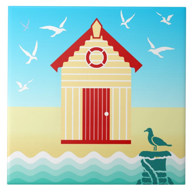 Colourful Beach Hut with Life Ring Buoy Motif Tile (Front)