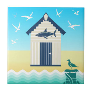 Colourful Beach Hut with Shark Motif Tile
