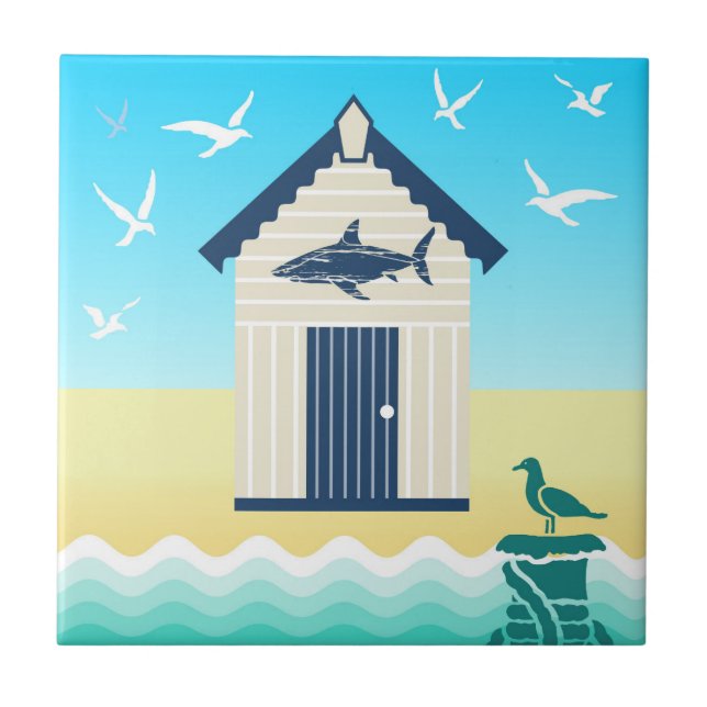 Colourful Beach Hut with Shark Motif Tile (Front)