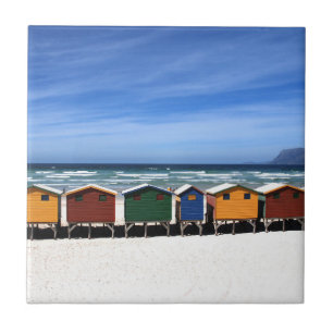 Colourful Beach Huts by the Sea Ceramic Tile