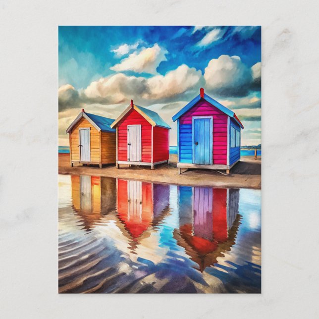 Colourful Beach Huts Ocean Reflection Coastal  Postcard (Front)