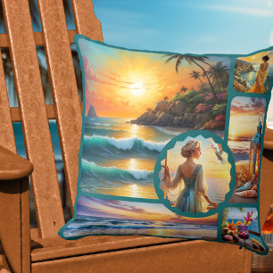 Colourful Beach Photo Collage Boho Chic  Throw Pillow