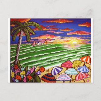 Colourful Beach Sunset Folk Art Postcard