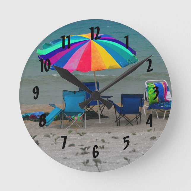 colourful beach umbrella chairs Florida scene Round Clock (Front)