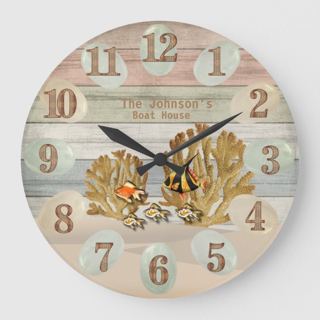 Colourful Beach Wood Nautical Ocean Large Clock (Front)