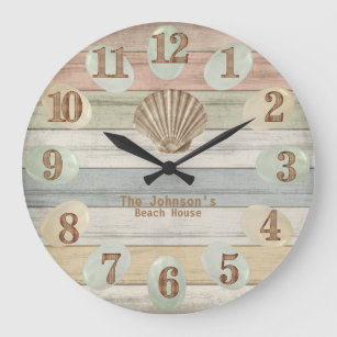 Colourful Beach Wood Nautical Stripes & Seashell   Large Clock