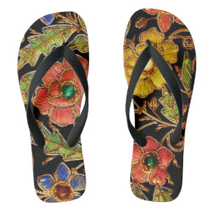 Colourful Beaded Flowers on Velvet Flip Flops