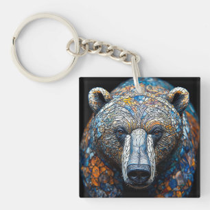Colourful Bear Portrait in a Stained Glass Art Keychain