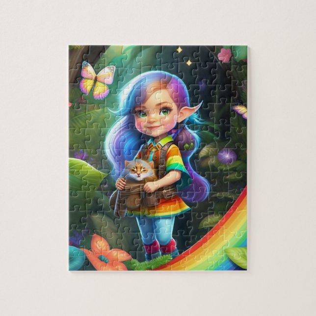 Colourful Beautiful Little Cute Elf Girl With Cat Jigsaw Puzzle (Vertical)