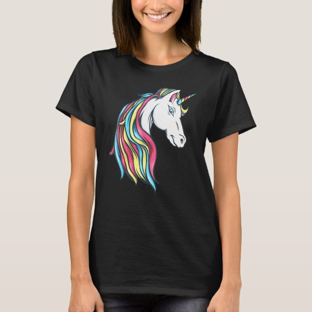 Colourful Beautiful Rainbow Unicorn Head Flowing M T-Shirt (Front)