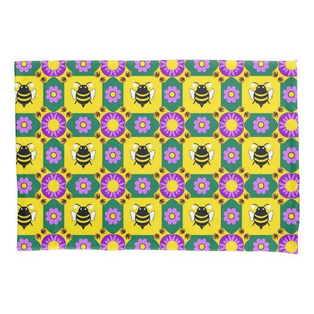 Colourful Bee and Flower Pattern Pillowcase (Front)