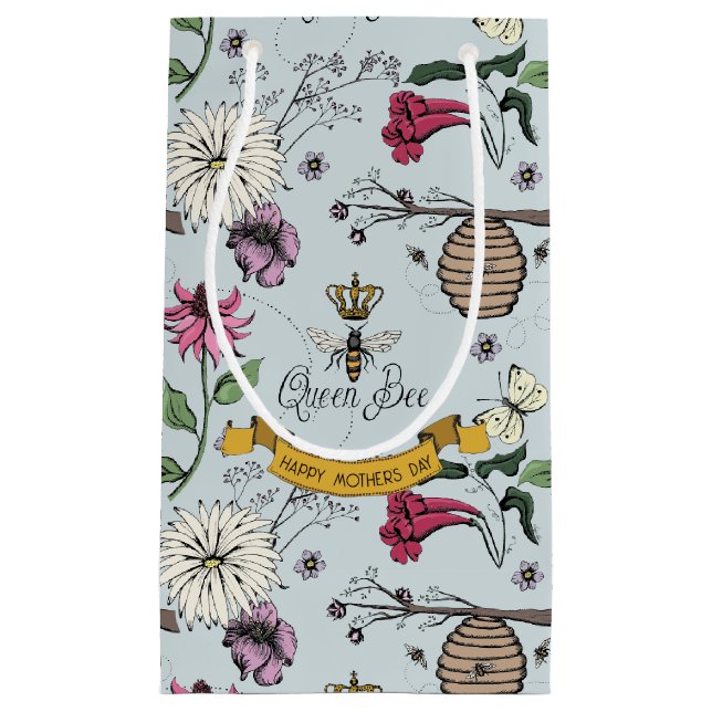 Colourful Beehive and Flowers Blue Floral Small Gift Bag (Front)