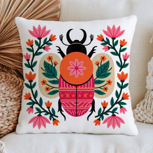 Colourful Beetle Insect Folk Art Floral Cottagecor Throw Pillow