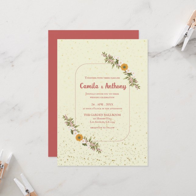 Colourful Beige Red Corner Wildflower Boho Rustic  Invitation (Front/Back In Situ)