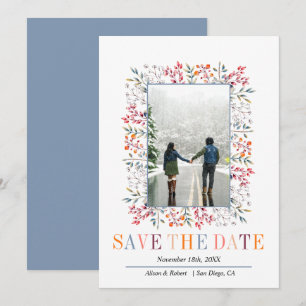 Colourful berries and leaves border winter wedding save the date