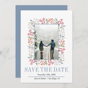Colourful berries, leaves border dusty blue weddin save the date
