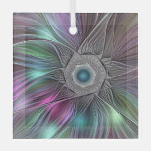Colourful Big Flower Abstract Trippy Fractal Art Glass Ornament