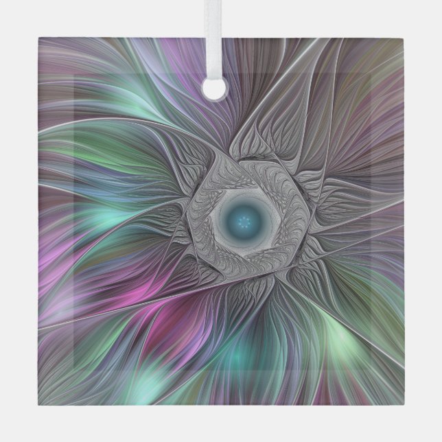 Colourful Big Flower Abstract Trippy Fractal Art Glass Ornament (Front)