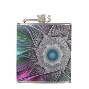 Colourful Big Flower Abstract Trippy Fractal Art Hip Flask