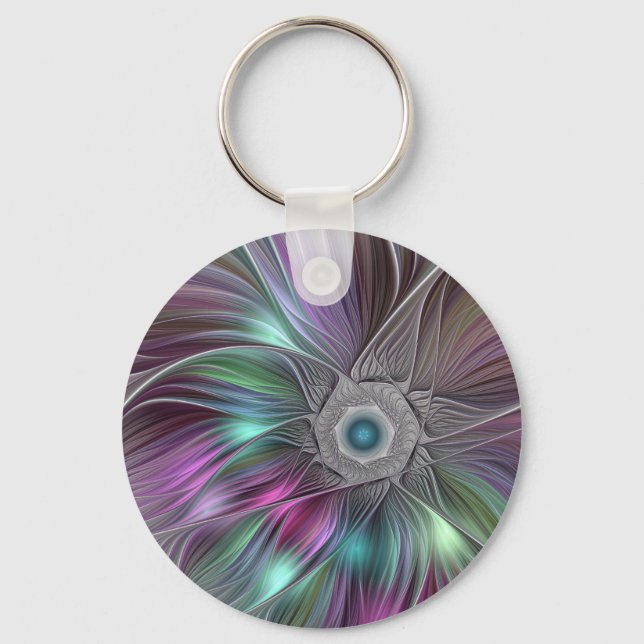Colourful Big Flower Abstract Trippy Fractal Art Keychain (Front)