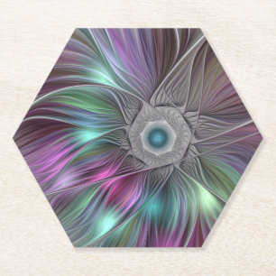 Colourful Big Flower Abstract Trippy Fractal Art Paper Coaster