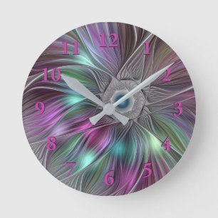 Colourful Big Flower Abstract Trippy Fractal Art Round Clock