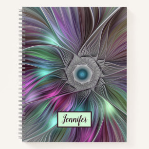Colourful Big Flower Abstract Trippy Fractal Name Notebook