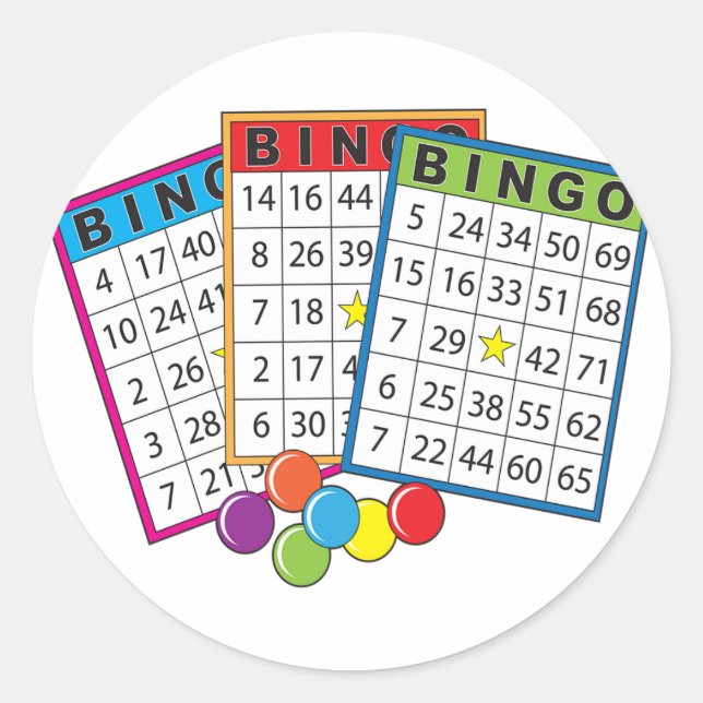 Colourful Bingo Game Cards with Chips Classic Round Sticker (Front)