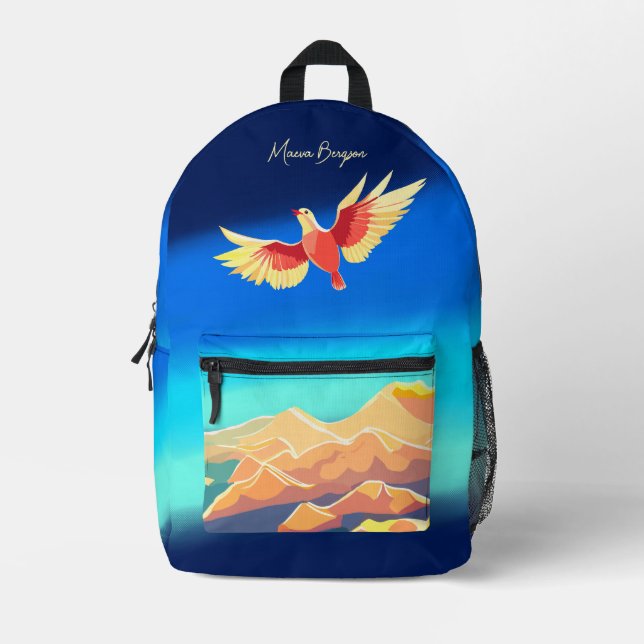 Colourful bird above mountains name personalized printed backpack (Front)