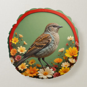 Colourful Bird Amid Blooming Flowers in Decorative Round Pillow