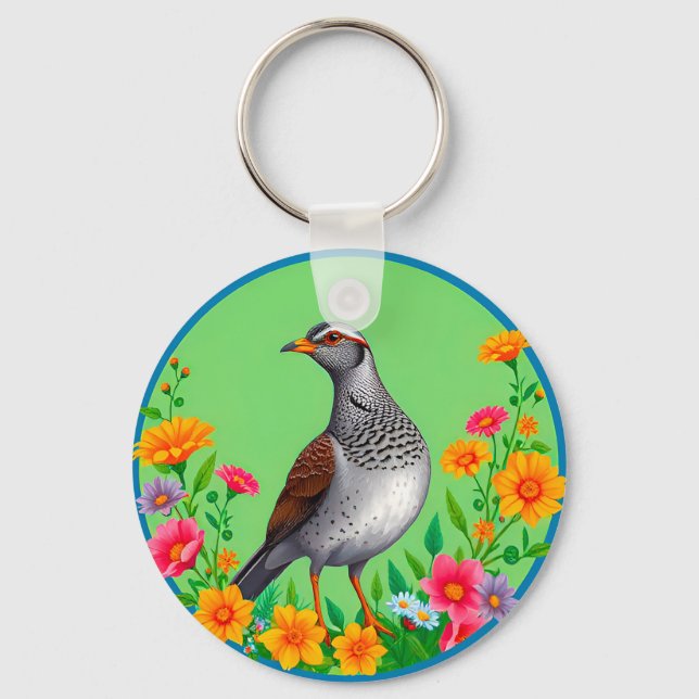 Colourful Bird Amid Blooming Flowers Keychain (Front)