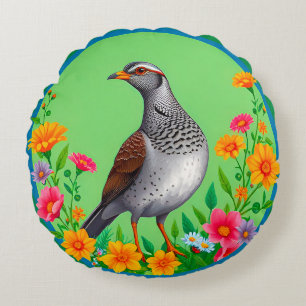 Colourful Bird Amid Blooming Flowers Round Pillow
