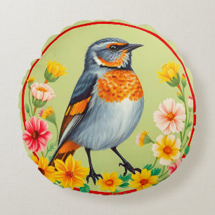 Colourful Bird Amid Blooming Flowers Round Pillow