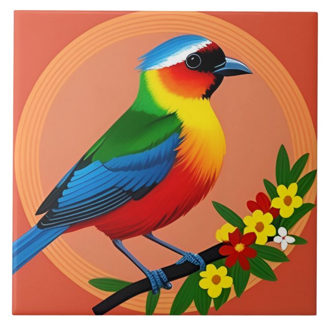 Colourful Bird Among Vibrant Flowers Tile (Front)