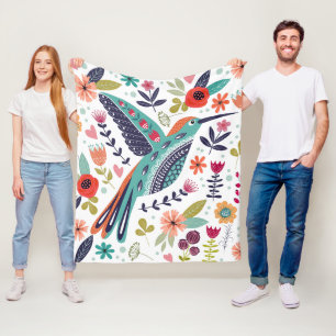 Colourful Bird and Scandinavian Folk Art Flowers Fleece Blanket