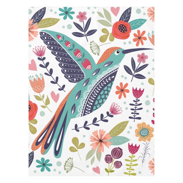 Colourful Bird and Scandinavian Folk Art Flowers Tablecloth (Front)
