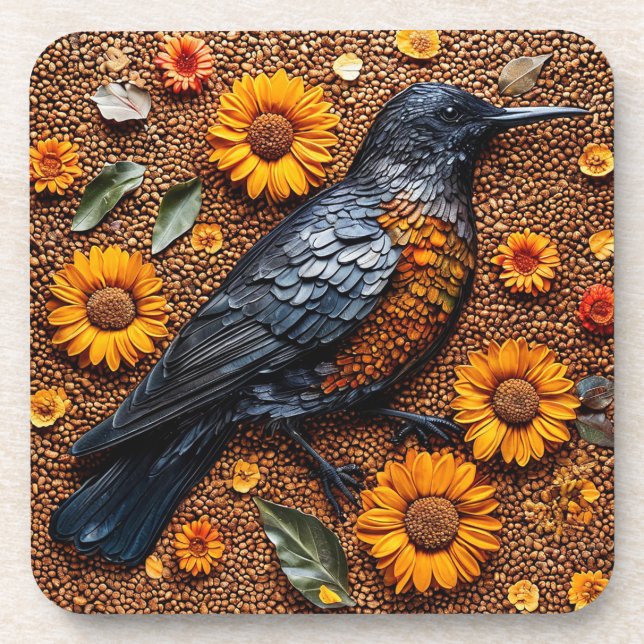 Colourful Bird Arranged with Sunflowers Coaster (Front)