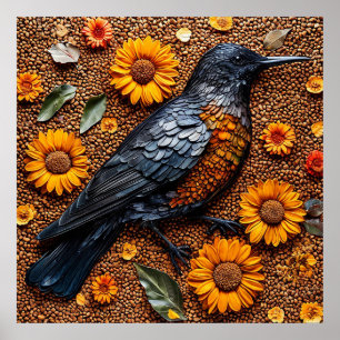 Colourful Bird Arranged with Sunflowers Poster