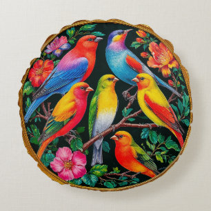 🌸 Colourful Bird Blossom Gift For Nature Lovers Round Pillow
